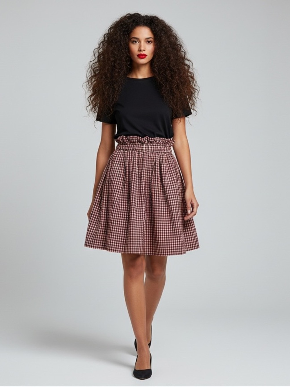 High-Waist Gingham Paperbag Skirt in Brown
